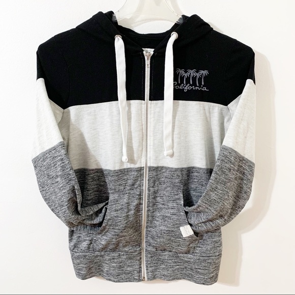 Reflex Front Zip Striped Long Sleeve Hoodie Drawstring California Embroidered - Picture 3 of 14